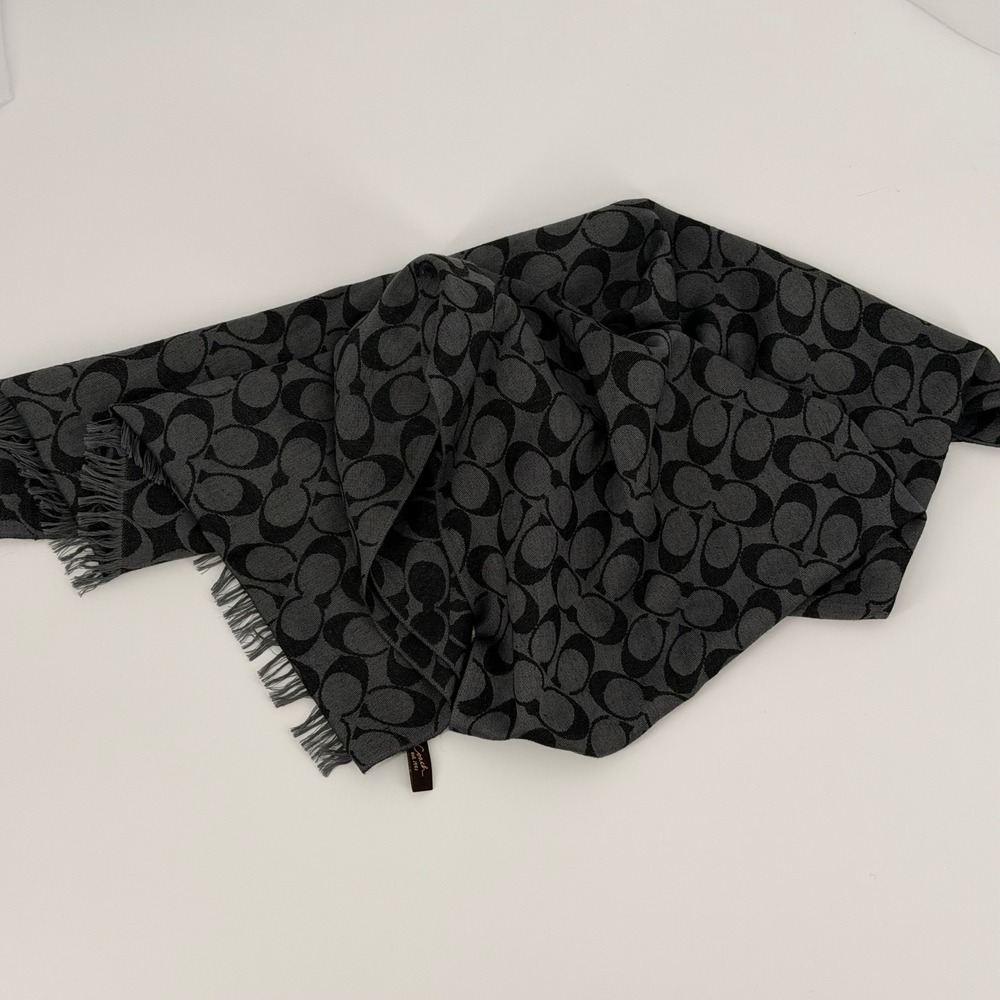 Coach Signature C Monogram Scarf Gray Charcoal Fringed Designer Wrap